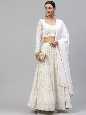 Rose-White Faux Georgette Thread Embroidery Heavy Designer Wedding Wear Lehenga Choli With Dupatta