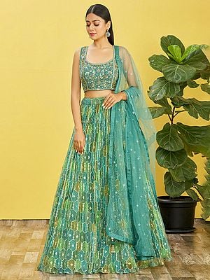 Digital Printed Organza Lehenga Choli And Dupatta With Thread Embroidered And Real Mirror