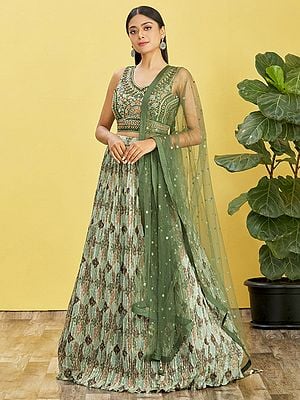 Square Pattern Digital Printed Chinon Lehenga Choli And Soft Net Dupatta With Zari Embroidery And Sequins