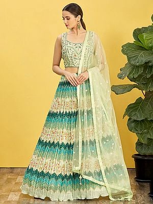 Floral And Zig Zag Pattern Chinon Lehenga Choli And Dupatta With Digital Print And Real Mirror Work