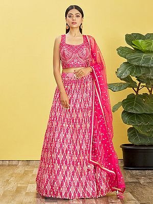 Thread Embroidered Zari Sequins Chinon Lehenga Choli And Dupatta With Digital Printed Diamond Pattern