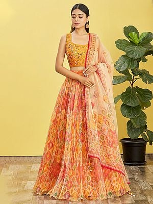 Peach-Orange Organza Lehenga Choli And Dupatta With Zari Thread Embroidered And Digital Print Work