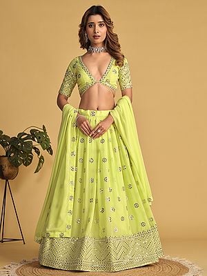 Light Yellow-Green Designer Georgette Lehenga Choli And Dupatta With Zari Embroidered Broad Border