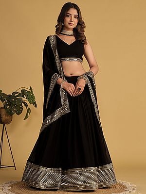 Midnight-Black Sequins Zari Embroidered Georgette Attractive Border Lehenga With Choli And Dupatta