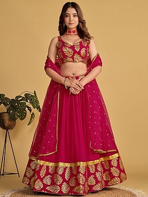 Rich-Carmine Georgette Lehenga Choli And Net Dupatta With Sequins Zari Embroidered Leaves Border