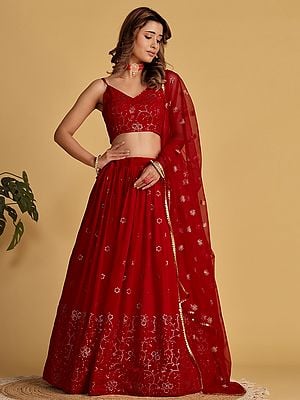 Guardsman-Red Floral Motifs Velvet Lehenga Choli And Dupatta With Zari Embroidered Sequins Work