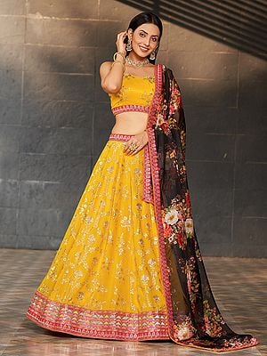 All Over Floral Motif Georgette Lehenga Choli And Dupatta With Attractive Border