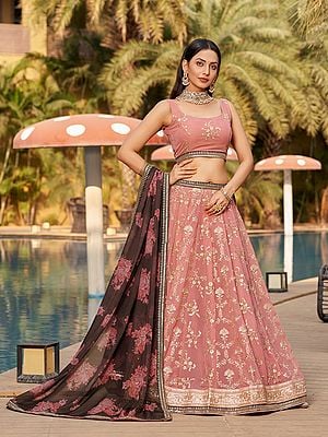 Ruddy-Pink Traditional Lehenga Choli And Dupatta In Georgette With Dori And Sequins Embroidery