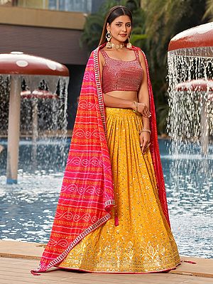 Yellow-Pink Zari Thread Embroidered Georgette Lehenga Choli And Digital Printed Dupatta