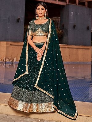 Timber-Green Zari Thread Embroidered Georgette Lehenga With Choli And Small Butti Motifs Dupatta