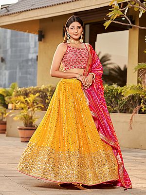 Yellow And Pink Zari Embroidered Georgette Lehenga With Choli And Digital Printed Dupatta For Traditional Occasion