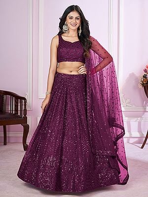 Grape-Purple Sequins With All Over Thread Embroidery Work Lehenga Choli And Soft Net Matching Dupatta