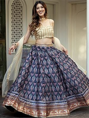 Greyish-Blue Art Silk Digital Print With Gota Patti Work Designer Lehenga Choli With Soft Net Dupatta