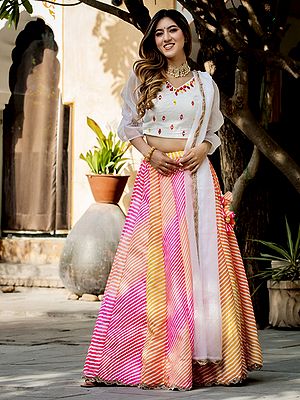 Multicolor Art Silk Digital Print With Pearl, Zari Embroidery And Real Mirror Striped Pattern Lehenga Choli With Dupatta