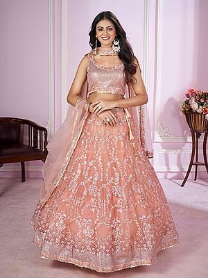 Rose-Pink Sequins-Thread With Badla Zari Embroidery Work Lehenga Choli With Tassels And Soft Net Dupatta