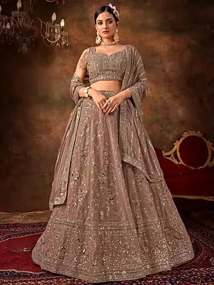 Pinkish-Brown All Over Floral Motif Faux Georgette Lehenga Choli With Dupatta And Sequence Work