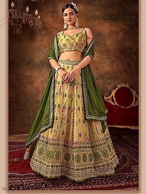 Green & Beige Thread Work Floral Motifs Organza Lehenga Choli With Dupatta In Attractive Look For Wedding