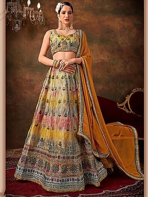 Light-Yellow Broad Border Organza Lehenga With Choli And Dupatta For Traditional Occasion