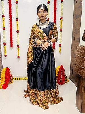 Charcoal-Grey Digital Printed Pure Silk And Rayon Lehenga Choli With Mirror Lace Border Dupatta