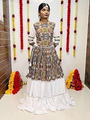 Solid-White Abstract Digital Printed Pure Silk & Rayon Lehenga Choli With Dupatta For Festival