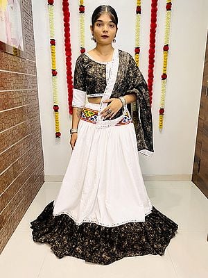 Solid-White Pure Silk & Rayon Digital Printed Lehenga, Choli & Dupatta With Mirror Work On Waist