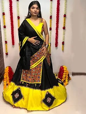 Black & Yellow Party Wear Cotton Silk Lehenga Choli And Attractive Dupatta With Mirror Work