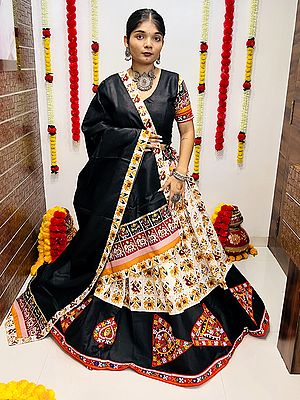 Black And Cream Digital Printed Cotton Silk Lehenga Choli And Dupatta With Gotapatti And Gamthi Work