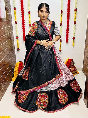 White & Black Gotapatti Mirror Work Diamond Pattern Cotton Silk Lehenga Choli And Dupatta With Jhalar