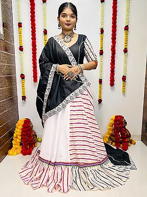 White And Black Striped Pattern Lehenga Choli And Dupatta In Cotton Silk With Gamthi And Lace Work