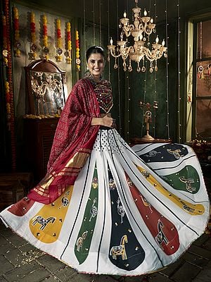 Maroon And White Animal Printed Lehenga And Thread Embroidered Mirror Work Choli With Dupatta In Muslin Cotton