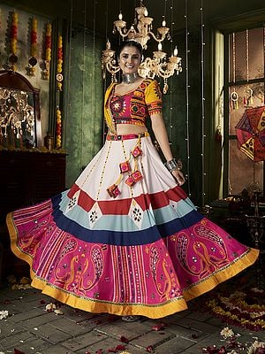 White And Pink Peacock Motif Mirror Work Muslin Cotton Lehenga Choli And Dupatta With Lace