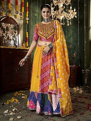 Mustard-Orange Digital Printed Muslin Cotton Lehenga And Dupatta With Designer Mirror Work Choli