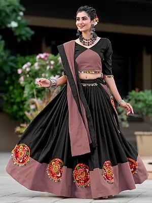 Charcoal-Grey Designer Gamthi Mirror Work Pure Cotton Lehenga And Choli With Dupatta For Festival Occasion