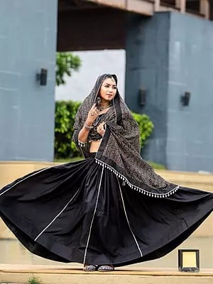 Black Pure Cotton Plain Traditional Festival Wear Lehenga Choli With Embroidered And Printed Dupatta