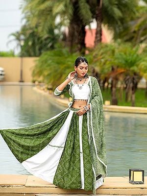 White & Green Pure Cotton Printed Work Traditional Festival Wear Lehenga Choli With Dupatta