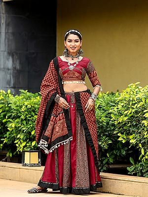 Purplish-Red Pure Cotton Printed With Mirror Work Traditional Festival Wear Lehenga Choli With Paisleys Dupatta