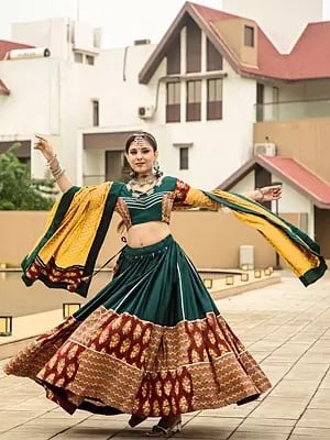 Dark-Green-Blue Pure Cotton Printed Traditional Festival Wear Lehenga Choli With Dori And Dupatta