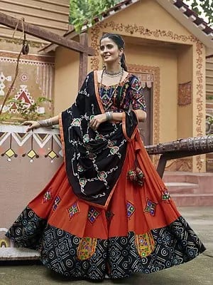 Chestnut-Red Viscose Rayon Embroidery Work With Mirror Work All Over Lehenga Choli With Dori And Dupatta