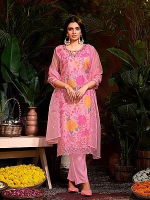 Pink-Rose Organza Embroidery Sequins & Hand Work Floral Print Salwar Suit With Matching Dupatta