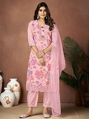 Pale-Rose Organza Embroidery Sequins & Hand Work Floral Printed Salwar Suit With Matching Dupatta For Casual Occasion