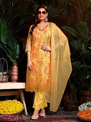 Light-Mustard Embroidery Sequins & Hand Work Floral Beautiful Organza Salwar Suit With Matching Dupatta