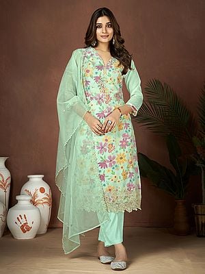 Sea-Mist Organza Embroidery Sequins & Hand Work Floral Printed Designer Salwar Suit With Attractive Dupatta