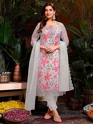 Embroidery Sequins & Hand Work Floral Pattern Organza Printed Salwar Suit With Attractive Dupatta