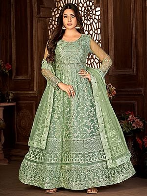 All Over Floral Embroidery Designer Net Anarkali Suit With Dupatta For Women In Attractive Look