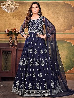 Collection Of Net Anarkali Suit With Attractive Floral Motif Embroidered And Dupatta