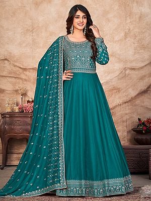 Designer Art Silk Anarkali Suit with Floral Butti Dupatta and Beautiful Embroidery on Border