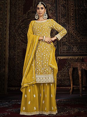 Heavy Embroidered Faux Georgette Salwar Kameez Suit With Palazzo And Dupatta