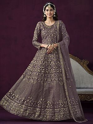 All Over Heavy Floral Embroidered Net Long Anarkali Suit With Dupatta For Wedding