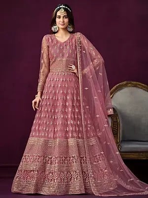 Heavy Embroidered Net Anarkali Suit For Wedding Occasion With Small Butti Dupatta