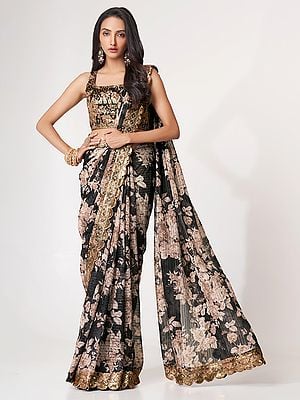 Sequins Embroidery Work with Floral Digital Print Organza Party Wear Saree